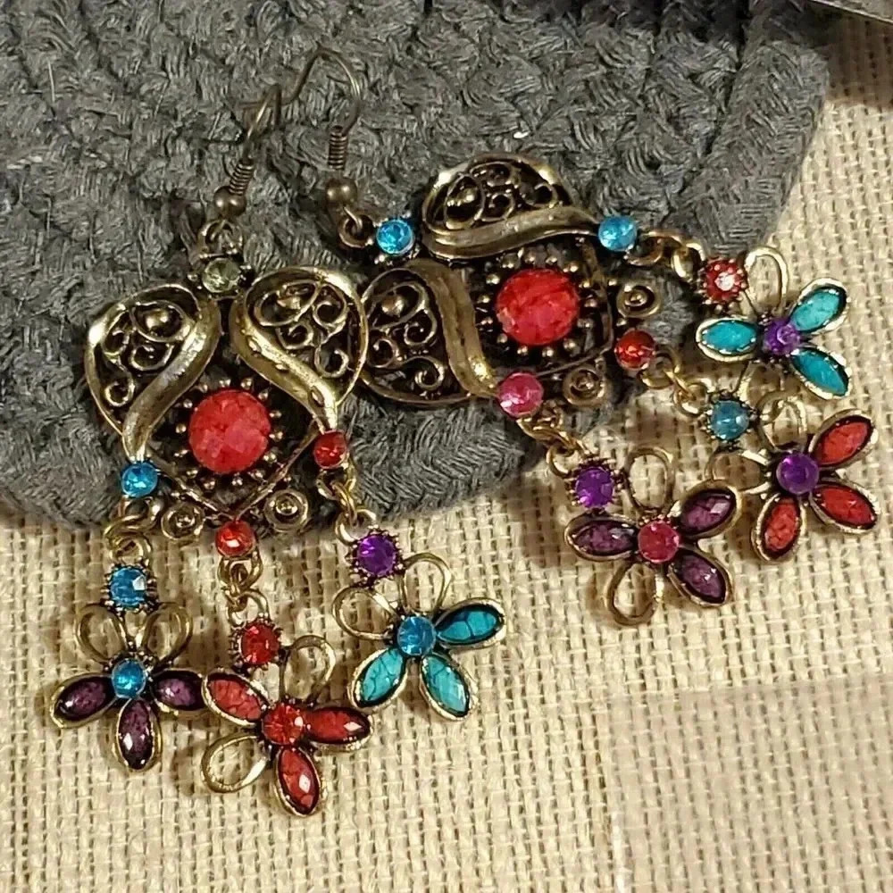 Vintage 90s Lacy Multicolor Antique Gold Acrylic Crystal Dangle Earrings